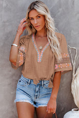 Tassel Drawstring Embroidered Half Sleeve V Neck Top