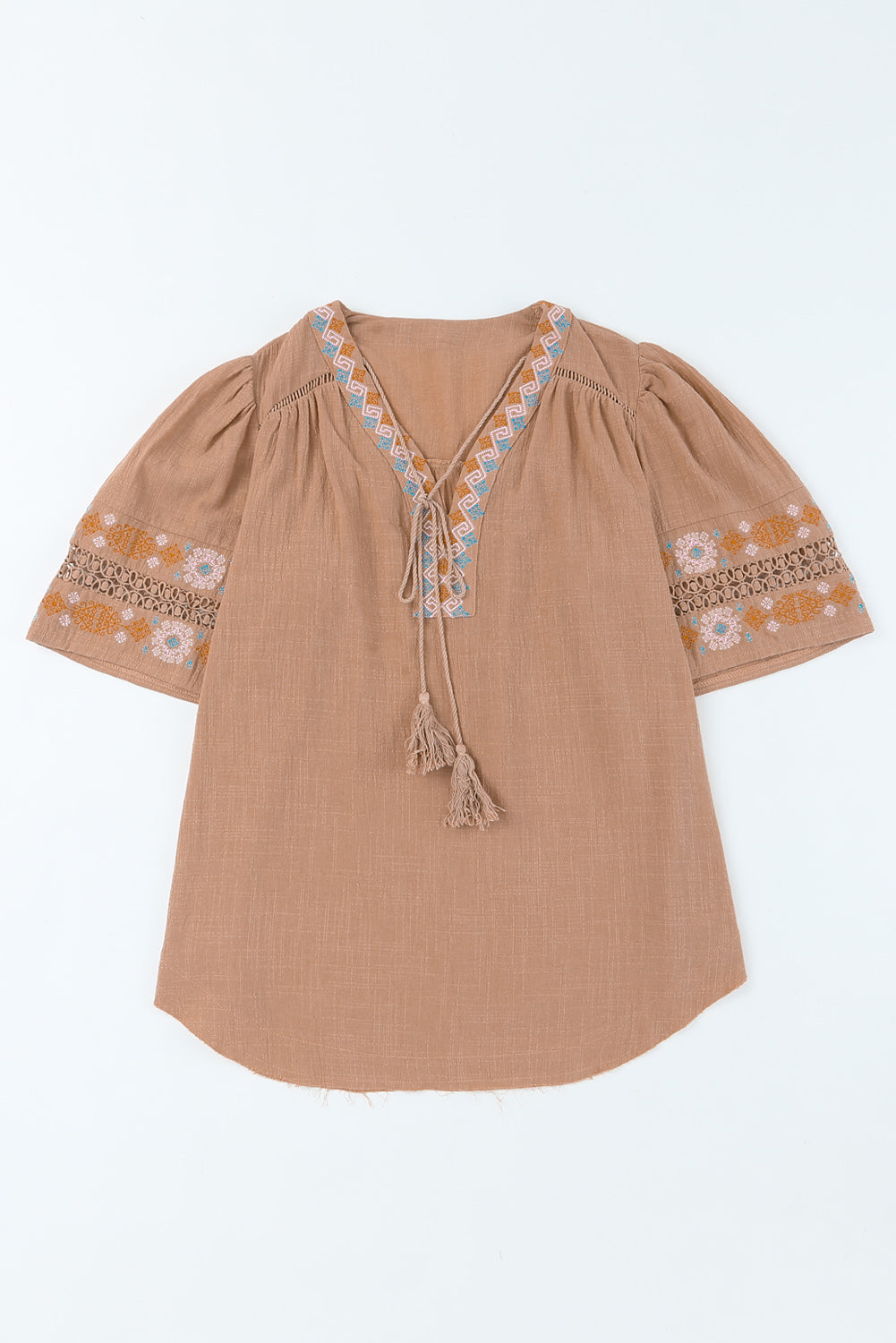 Tassel Drawstring Embroidered Half Sleeve V Neck Top