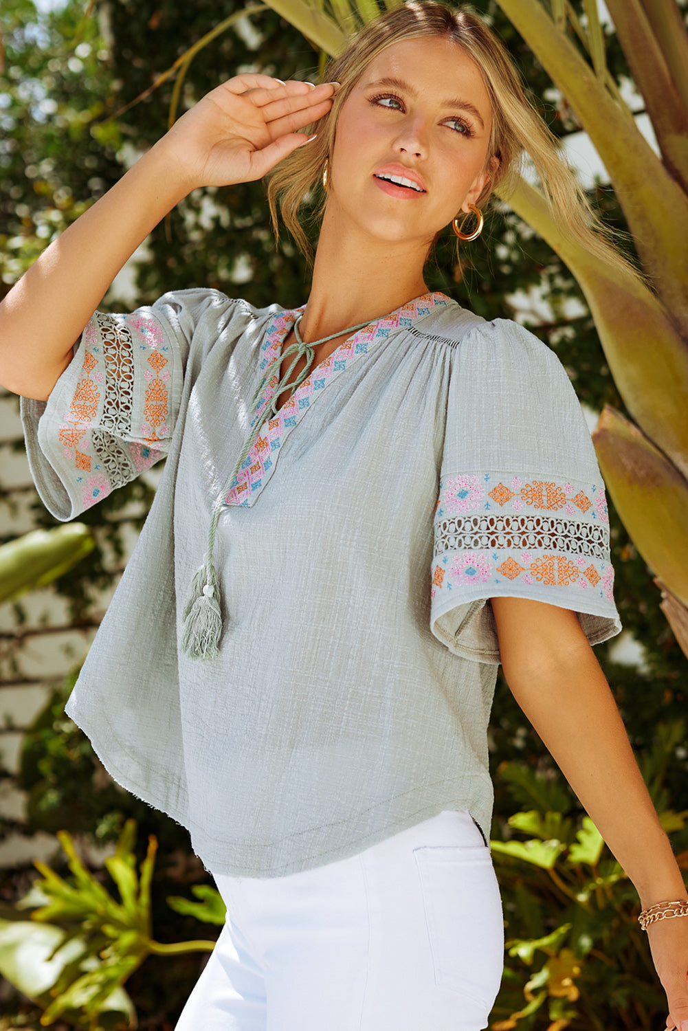 Tassel Drawstring Embroidered Half Sleeve V Neck Top