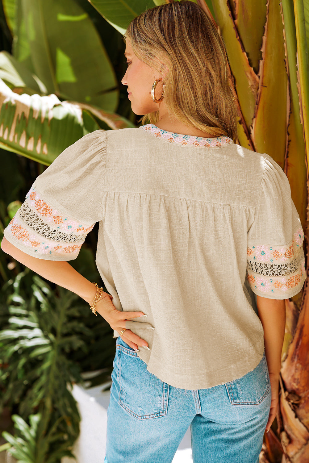 Tassel Drawstring Embroidered Half Sleeve V Neck Top