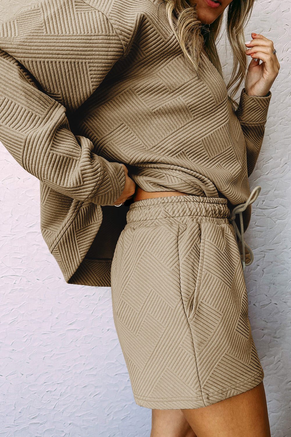 Textured Long Sleeve Top and Drawstring Shorts Set