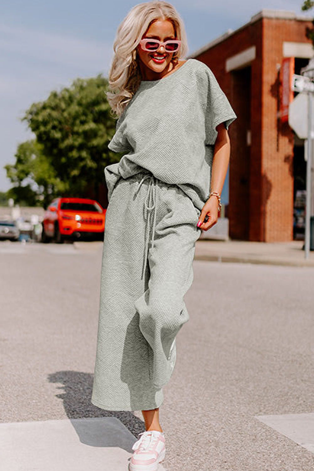 Textured Loose Fit T Shirt and Drawstring Pants Set