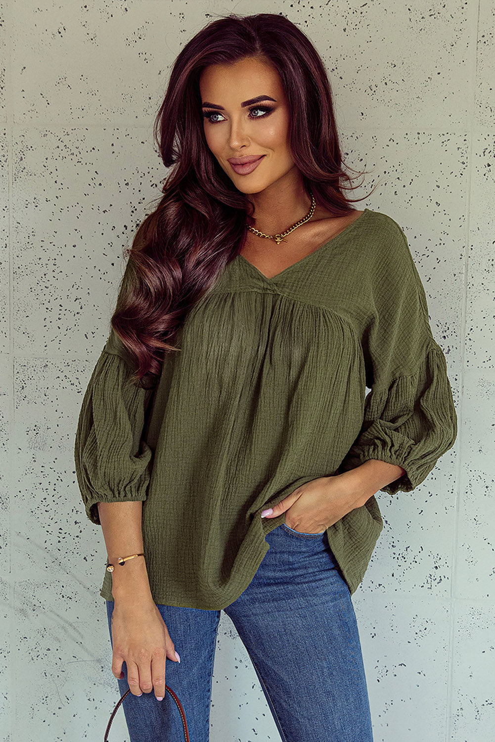 Textured V Neck Bracelet Sleeve Babydoll Blouse