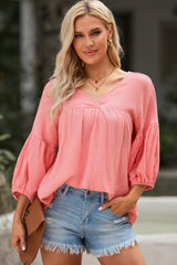 Textured V Neck Bracelet Sleeve Babydoll Blouse