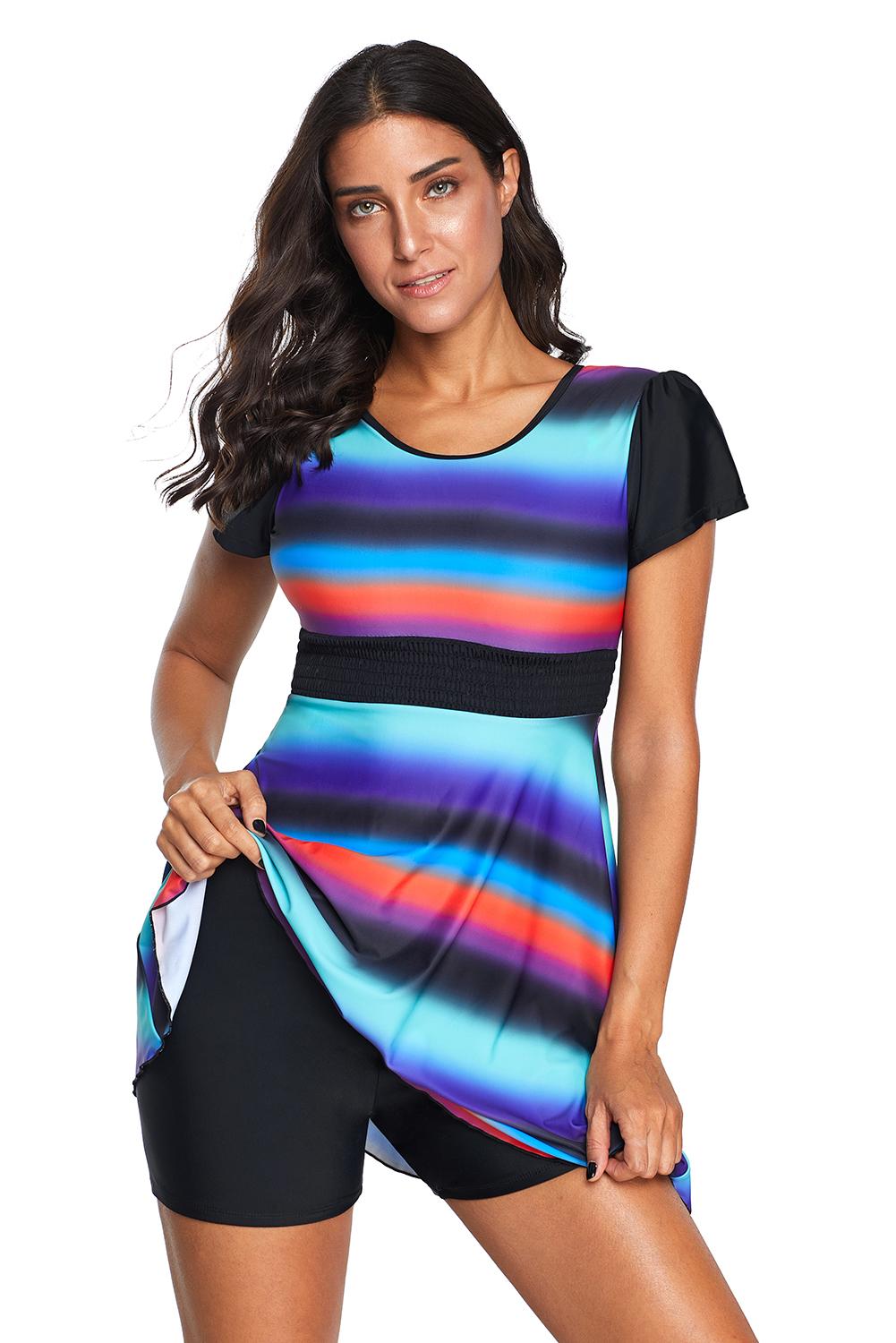 Tie Dye Ombre Striped Swimdress Tankini