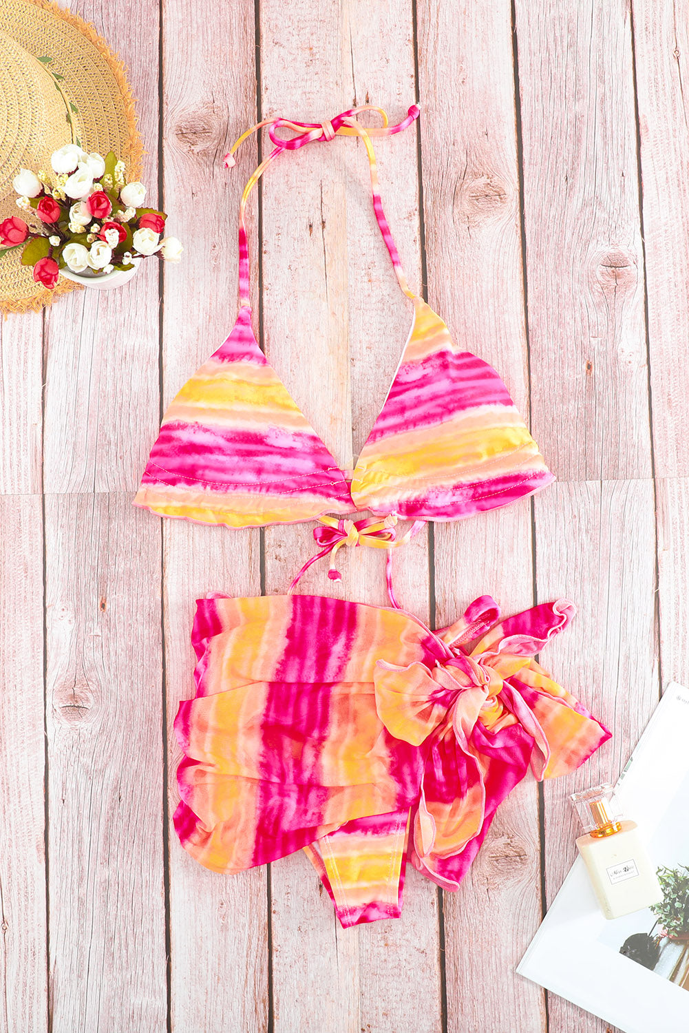 Tie-Dye Ruffle Bikini With Sarong