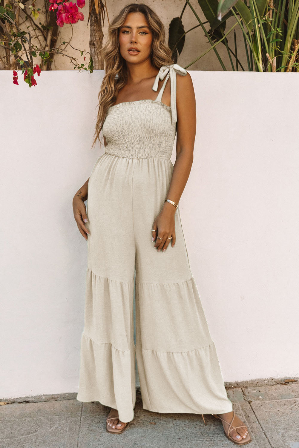 Tie Straps Shirred Bodice Tiered Wide Leg Jumpsuit