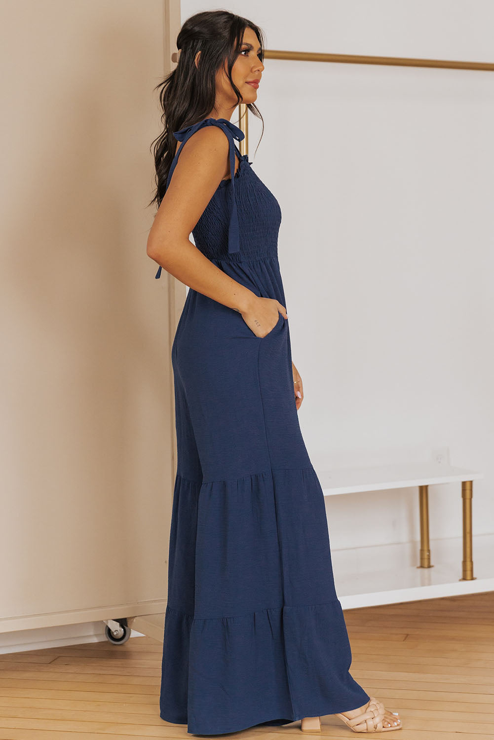 Tie Straps Shirred Bodice Tiered Wide Leg Jumpsuit