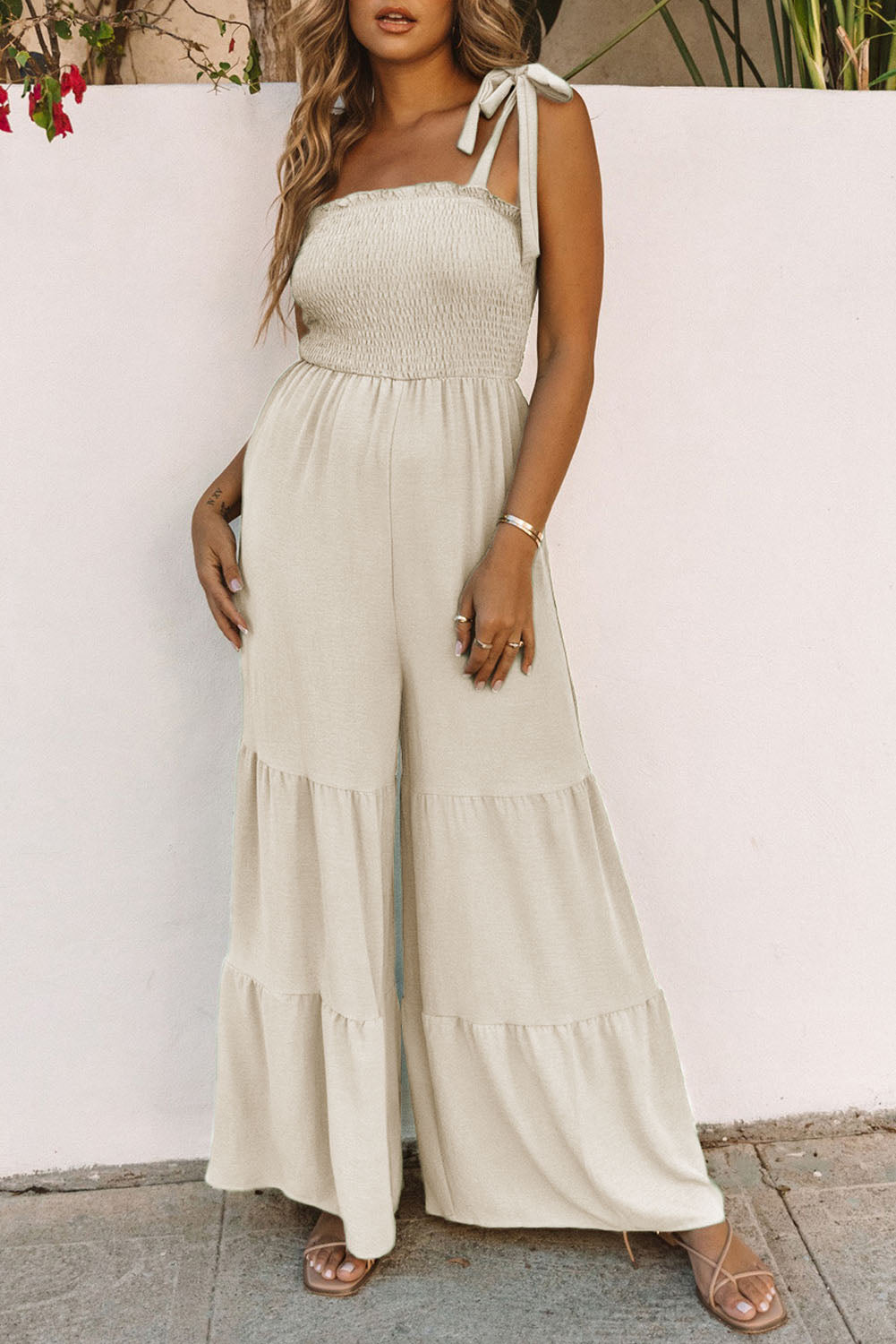 Tie Straps Shirred Bodice Tiered Wide Leg Jumpsuit