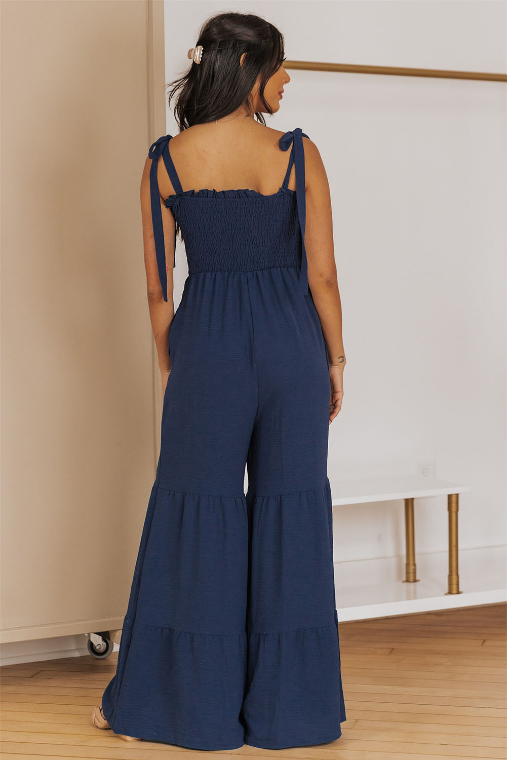 Tie Straps Shirred Bodice Tiered Wide Leg Jumpsuit