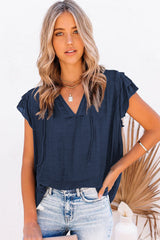 Tiered Ruffled Drawstring V Neck Top