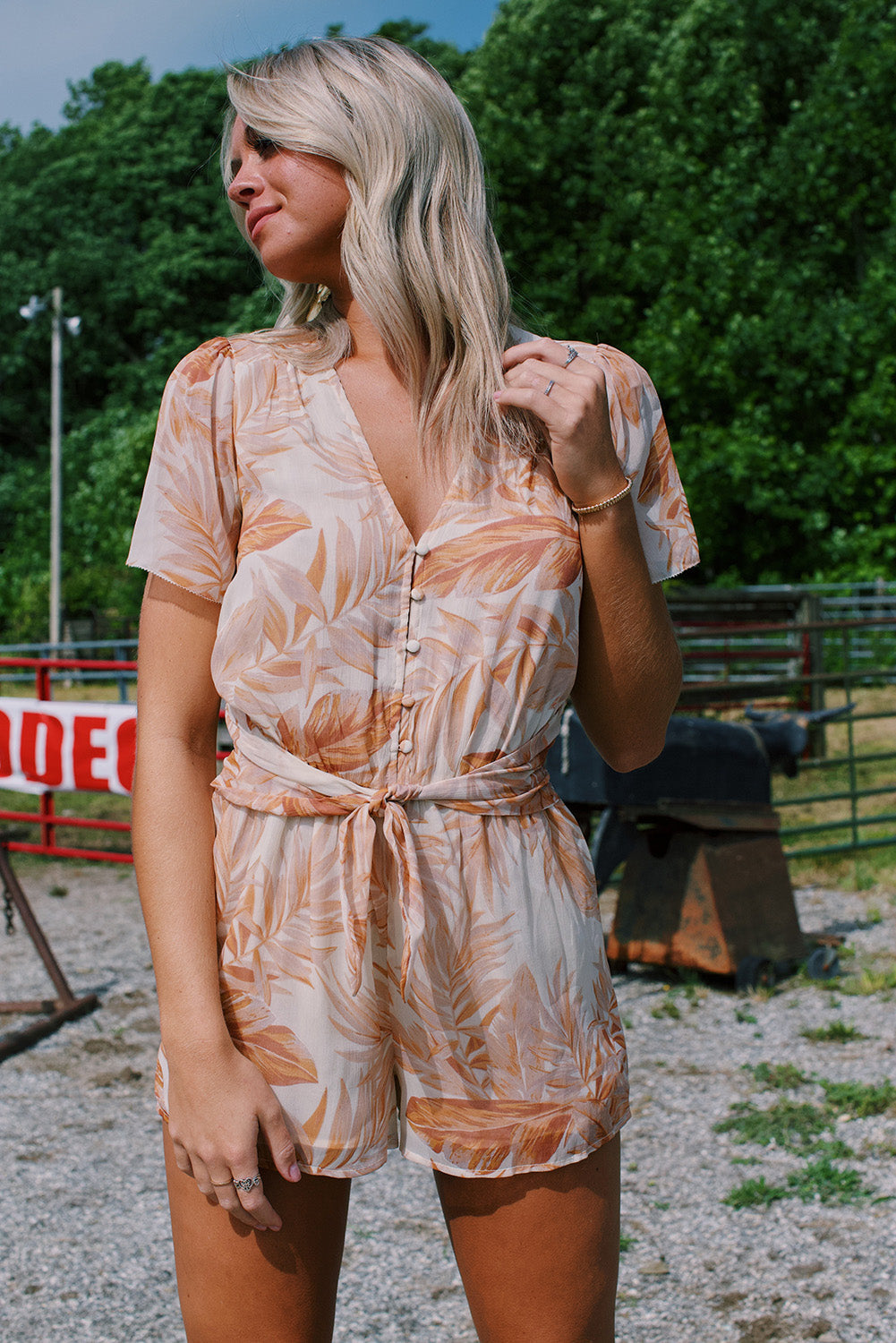 Tropical Leaf Print Button Belted Chiffon Romper