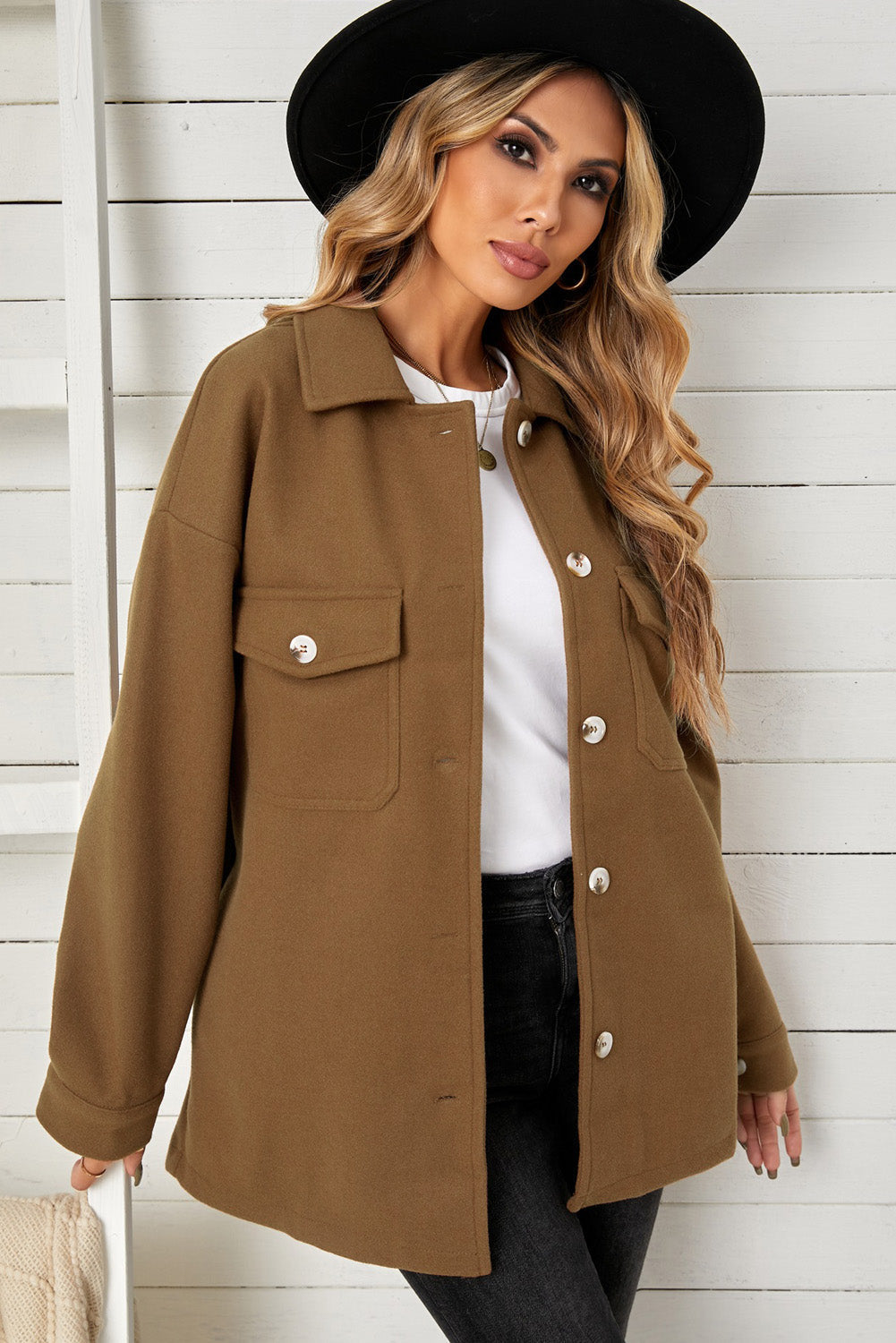 Turn Down Collar Buttoned Baggy Coat With Pocket