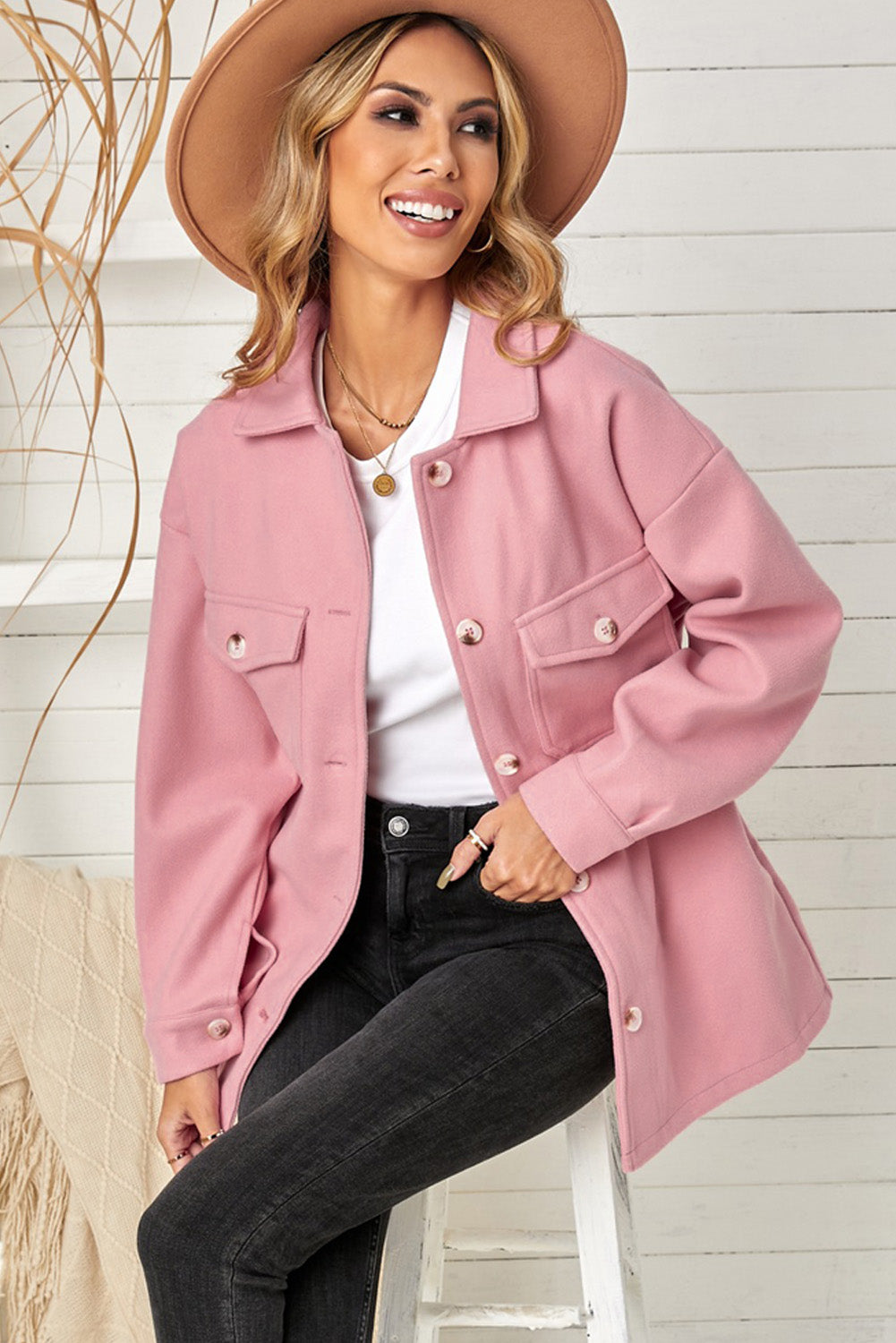 Turn Down Collar Buttoned Baggy Coat With Pocket