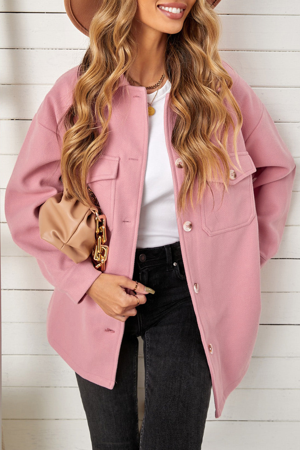 Turn Down Collar Buttoned Baggy Coat With Pocket