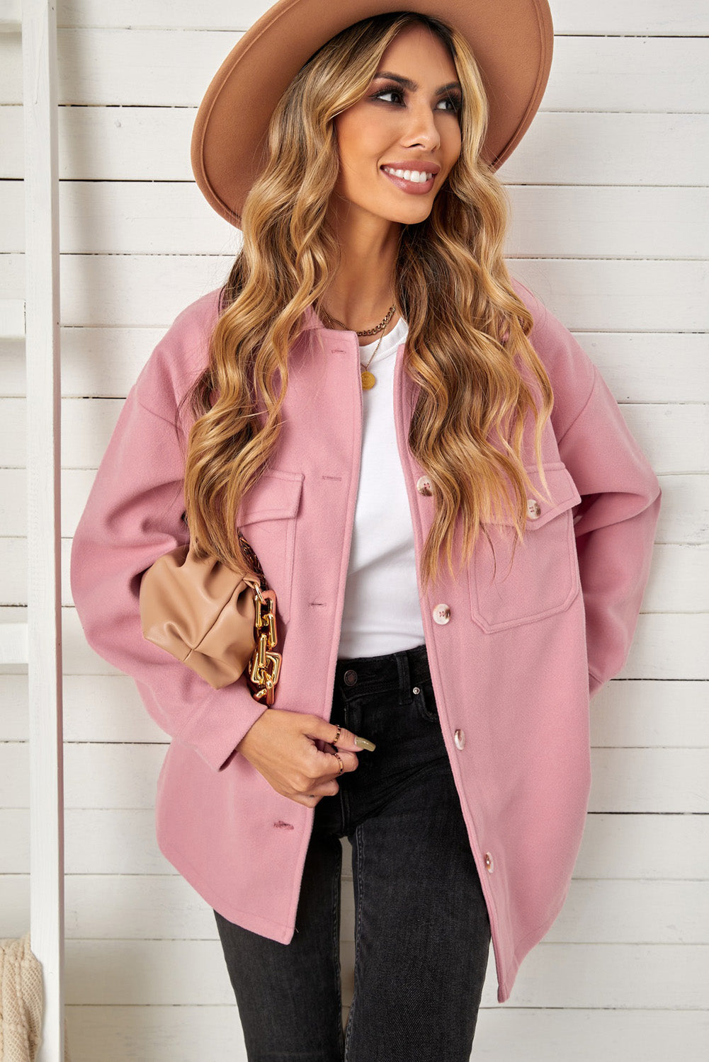 Turn Down Collar Buttoned Baggy Coat With Pocket