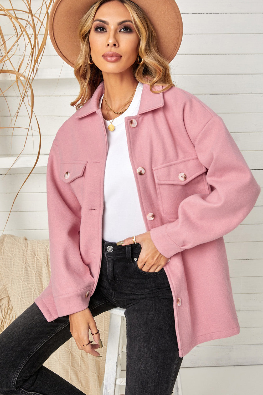 Turn Down Collar Buttoned Baggy Coat With Pocket