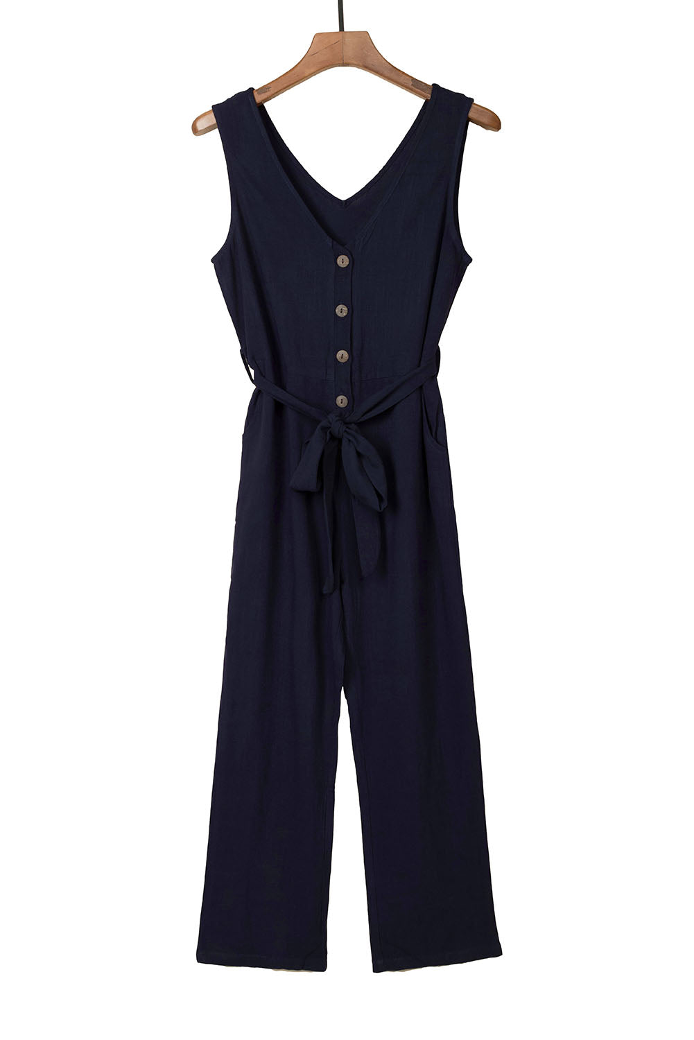 V Neck Button Belted Jumpsuit With Pockets