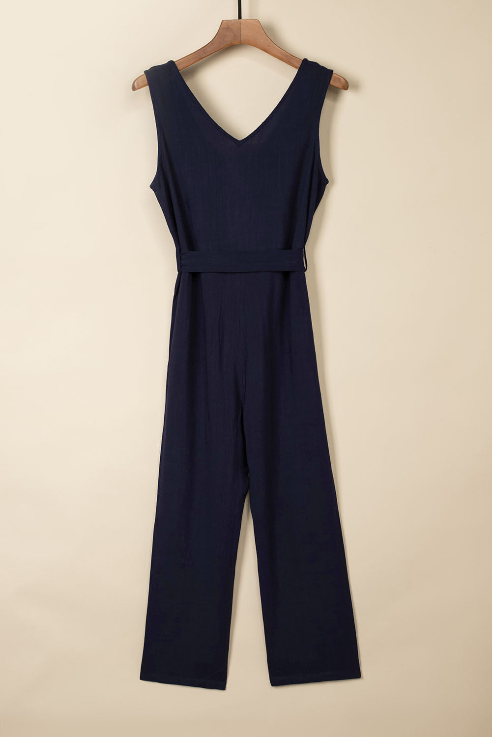 V Neck Button Belted Jumpsuit With Pockets