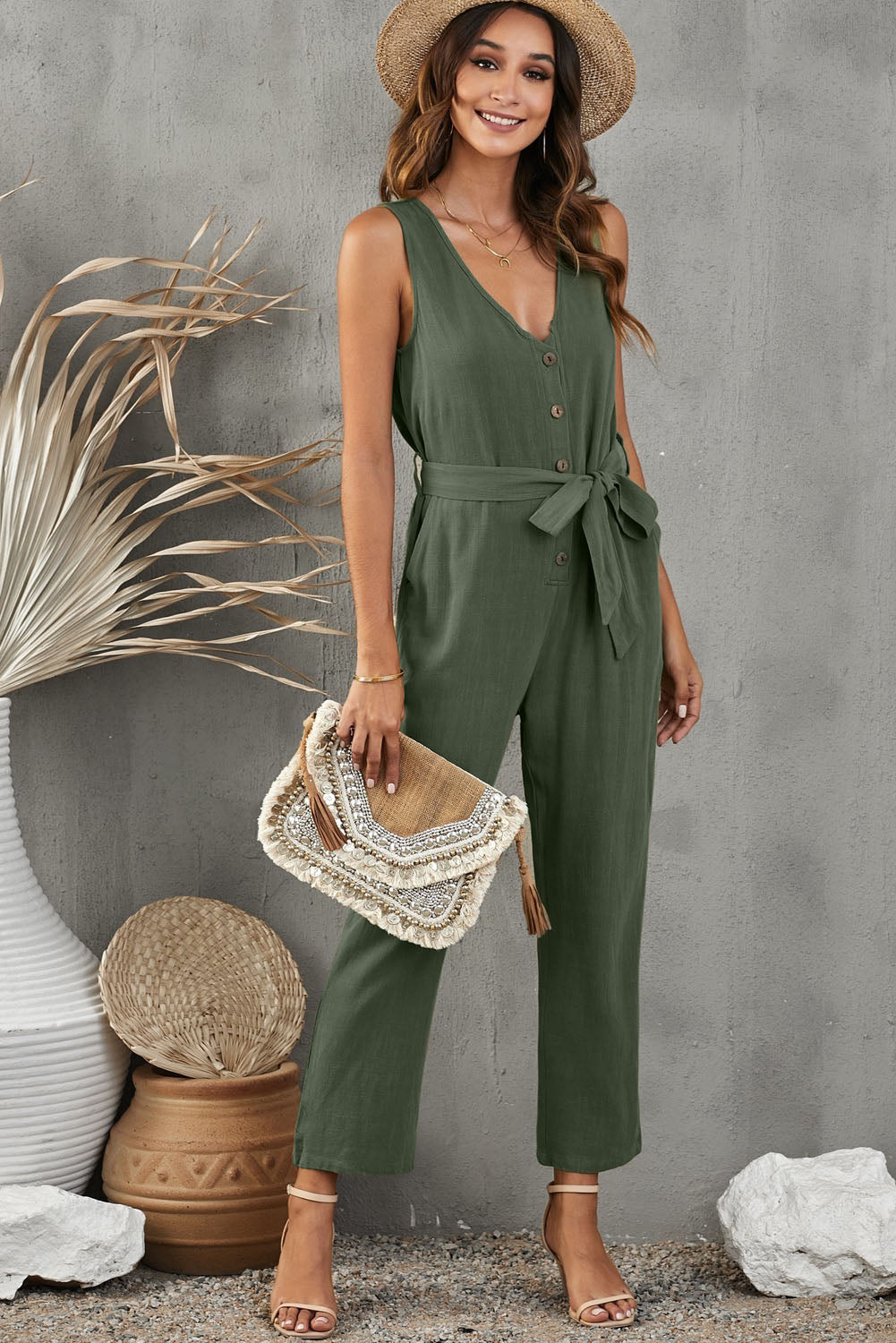 V Neck Button Belted Jumpsuit With Pockets