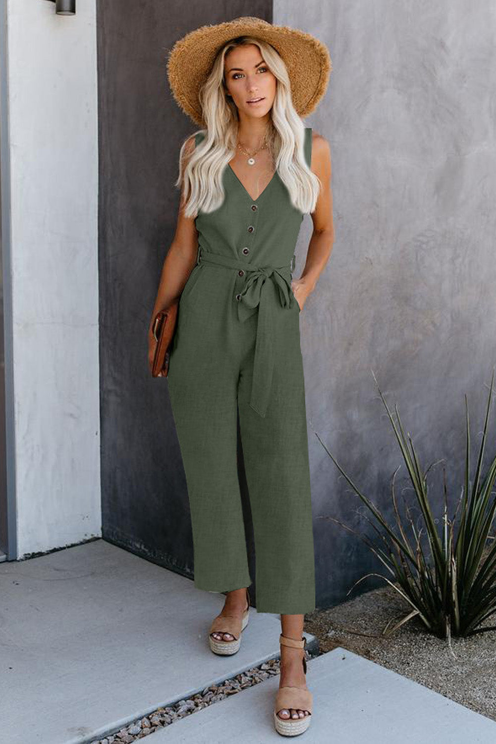 V Neck Button Belted Jumpsuit With Pockets