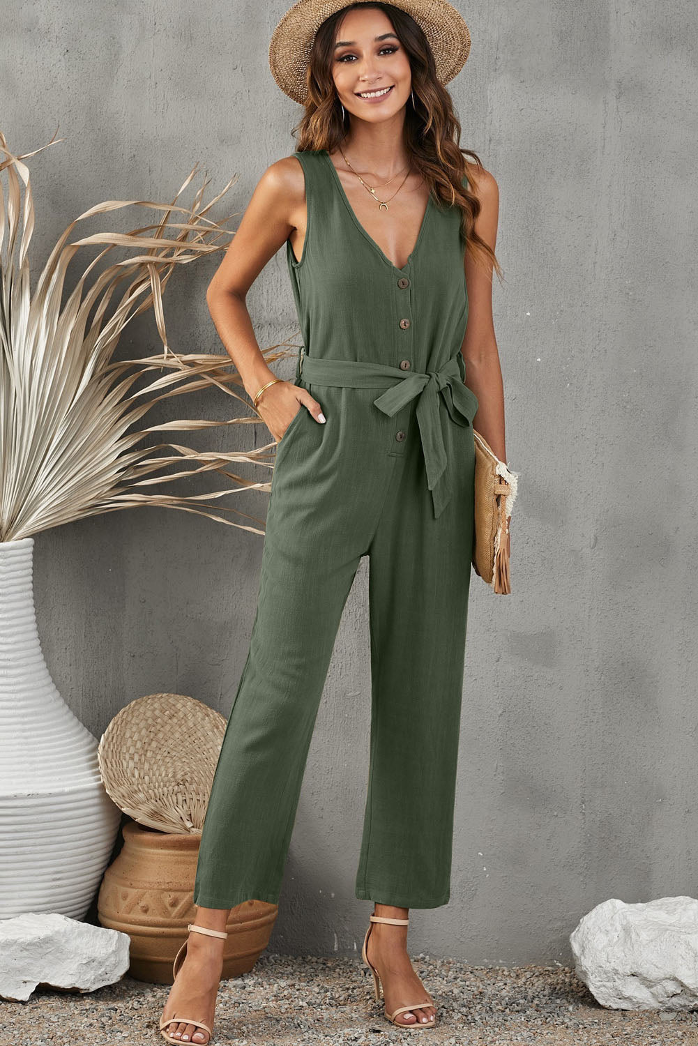 V Neck Button Belted Jumpsuit With Pockets