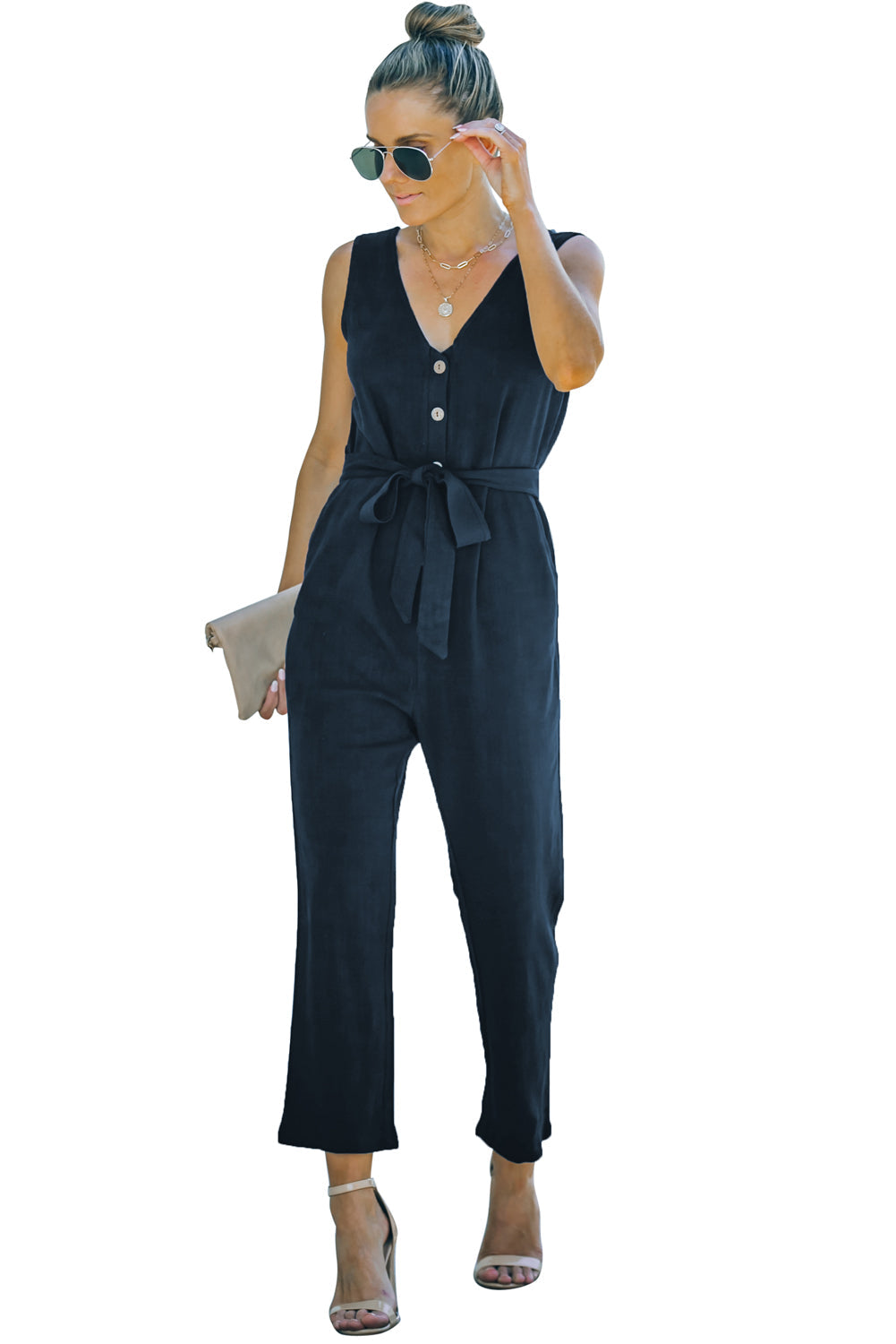 V Neck Button Belted Jumpsuit With Pockets