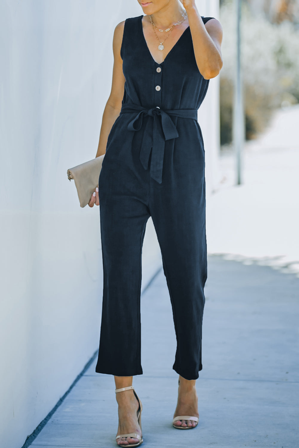 V Neck Button Belted Jumpsuit With Pockets