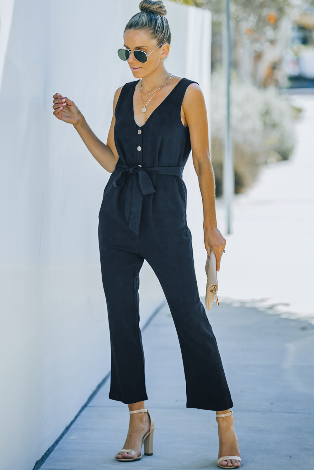 V Neck Button Belted Jumpsuit With Pockets