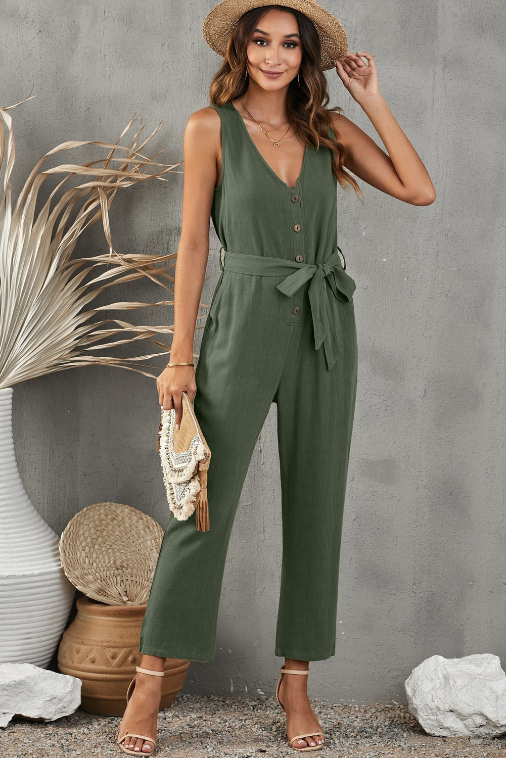 V Neck Button Belted Jumpsuit With Pockets