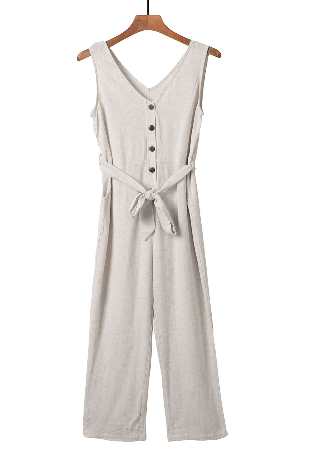 V Neck Button Belted Jumpsuit With Pockets