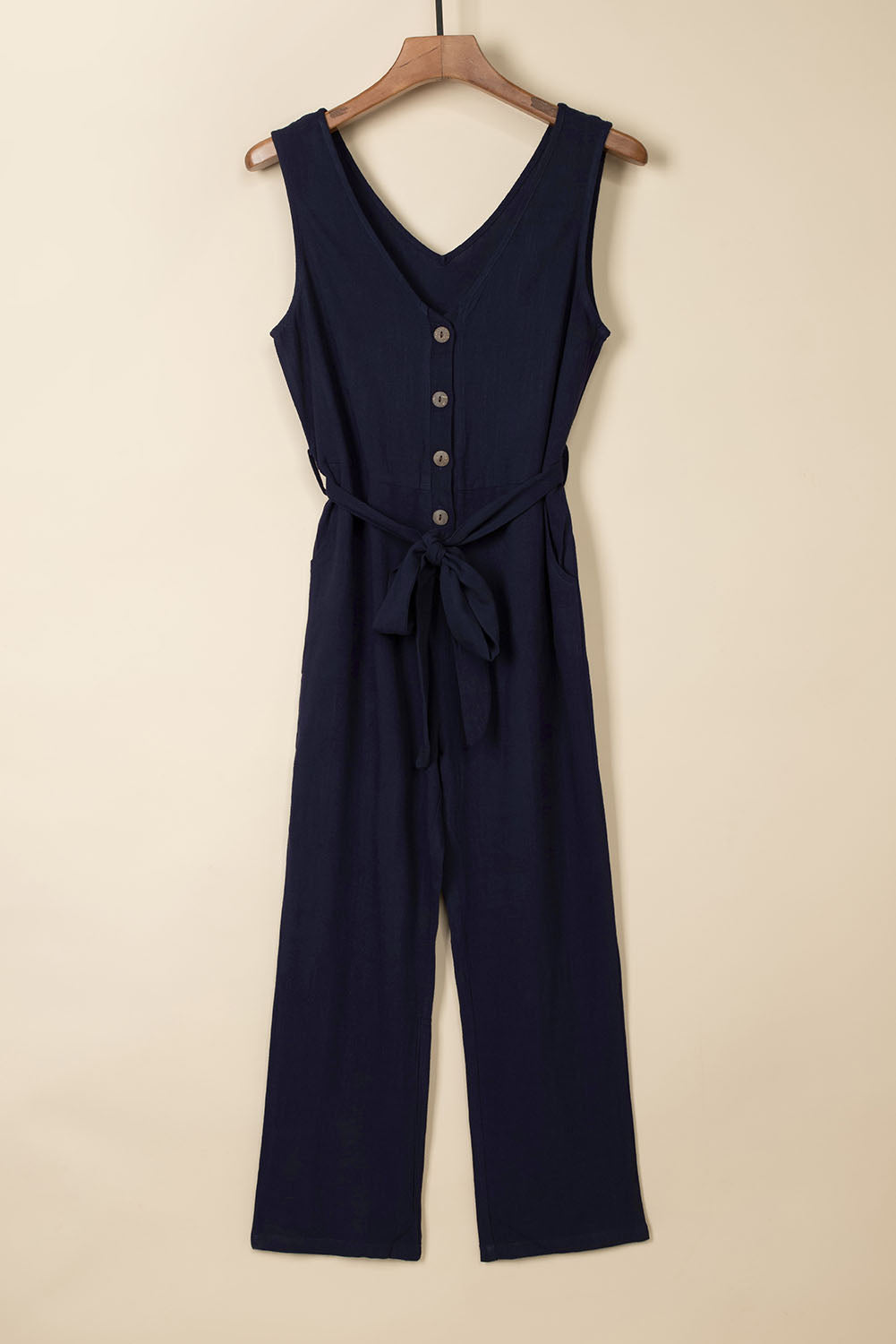 V Neck Button Belted Jumpsuit With Pockets