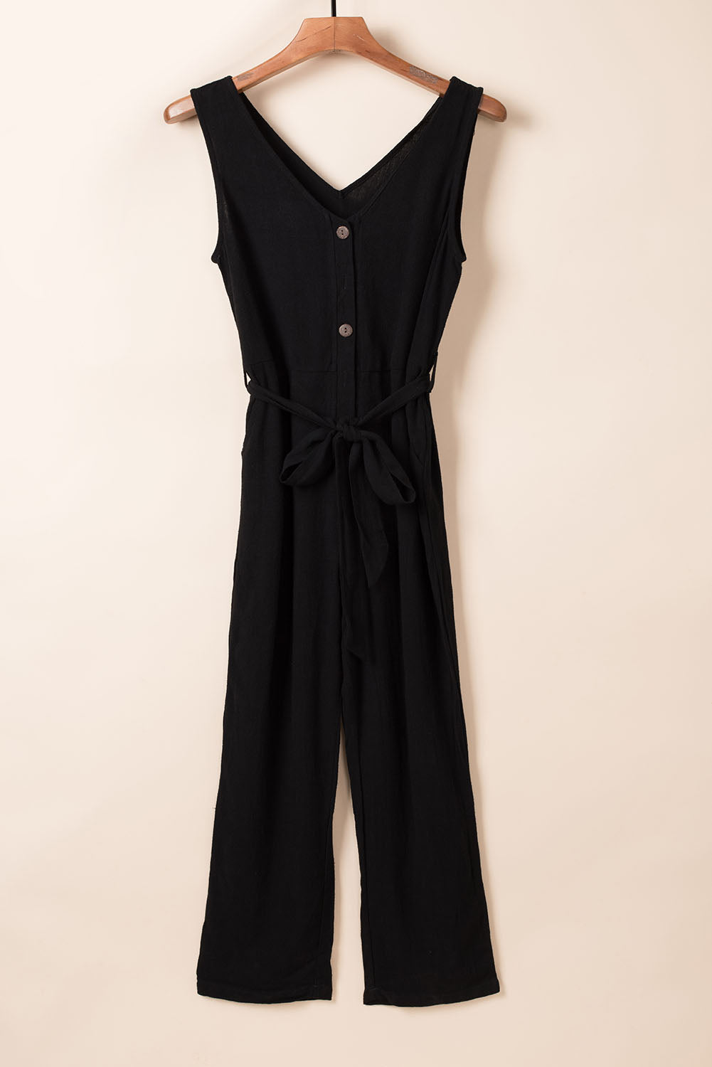 V Neck Button Belted Jumpsuit With Pockets