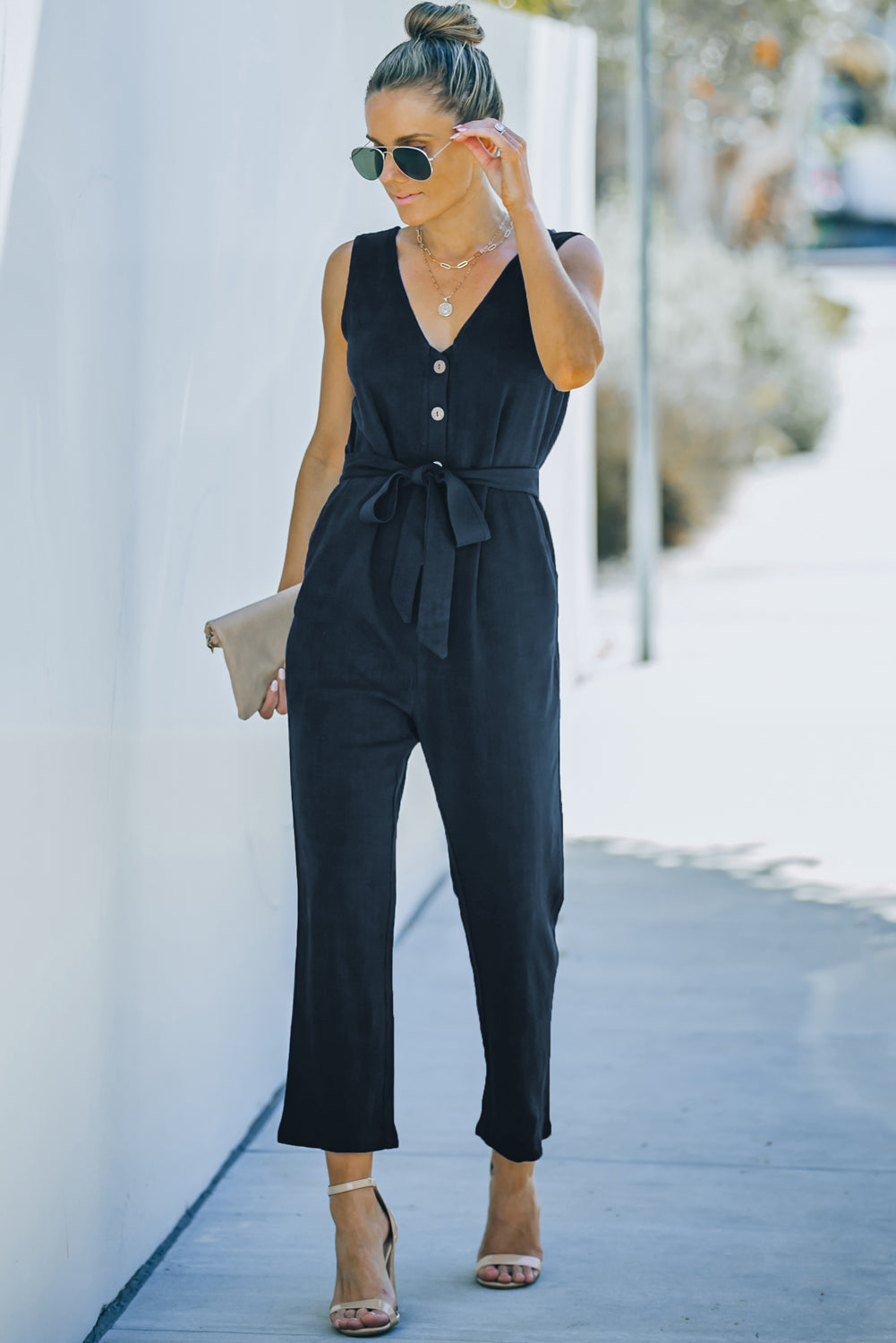 V Neck Button Belted Jumpsuit With Pockets