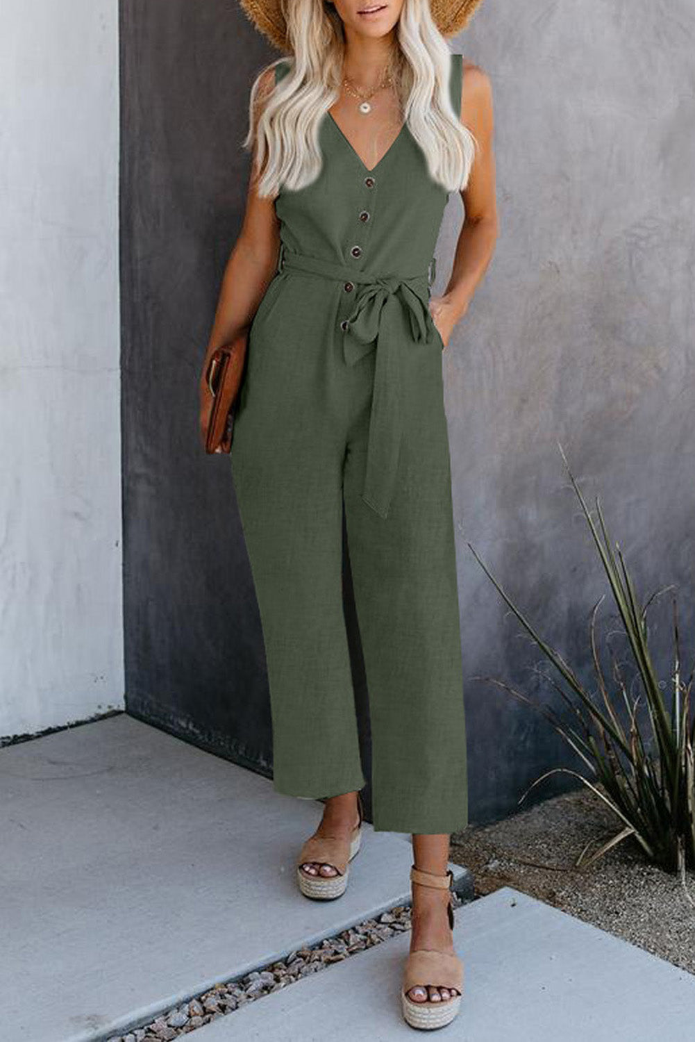 V Neck Button Belted Jumpsuit With Pockets