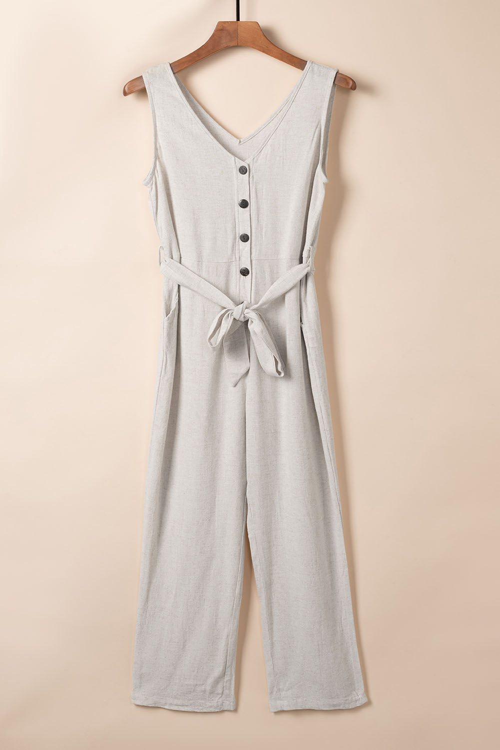 V Neck Button Belted Jumpsuit With Pockets