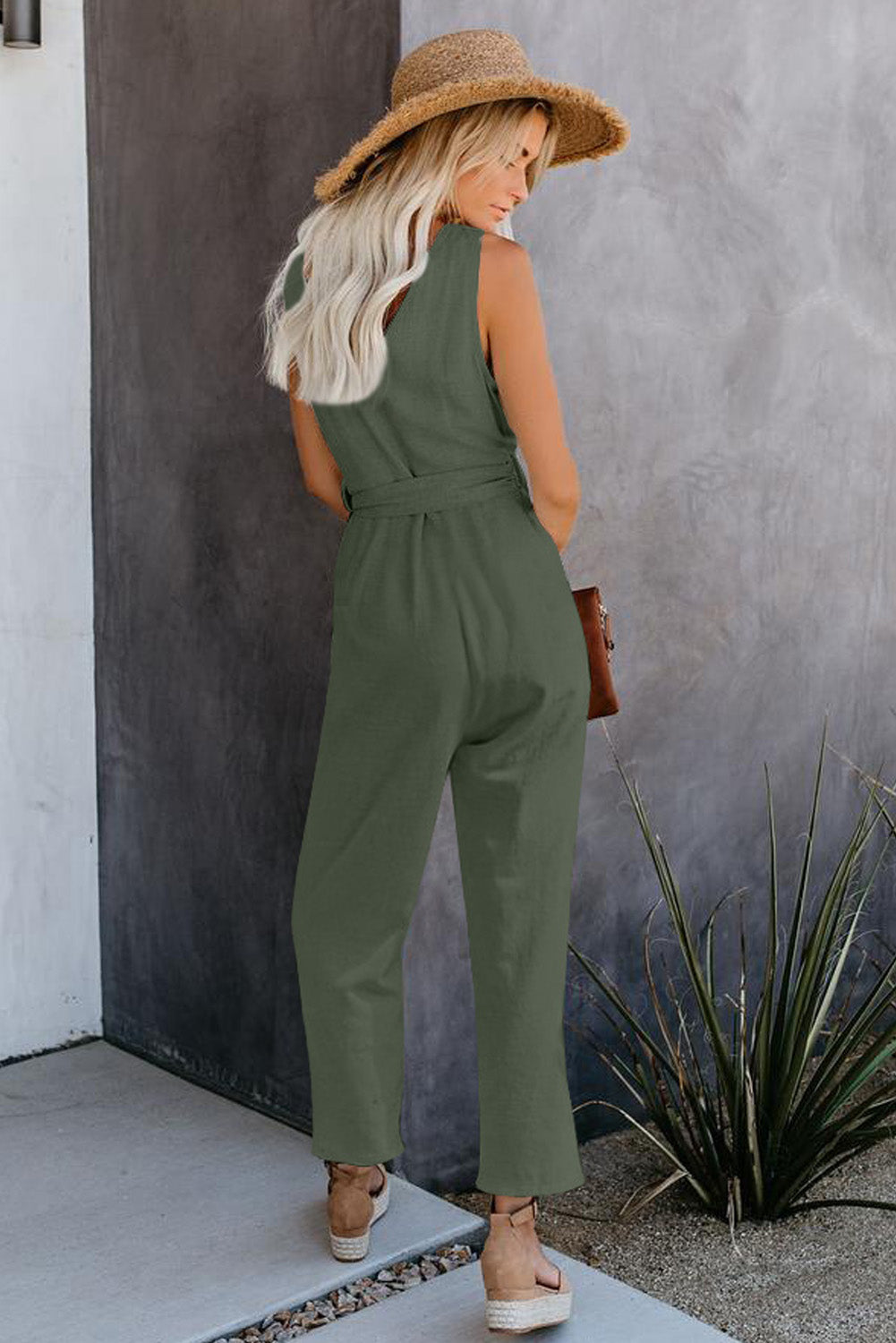 V Neck Button Belted Jumpsuit With Pockets