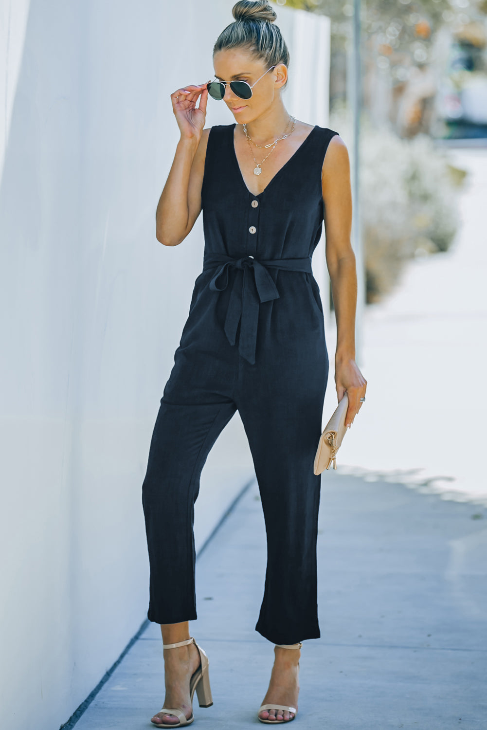 V Neck Button Belted Jumpsuit With Pockets