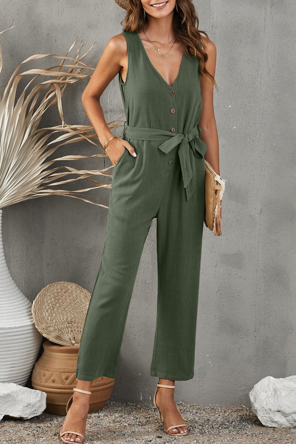 V Neck Button Belted Jumpsuit With Pockets