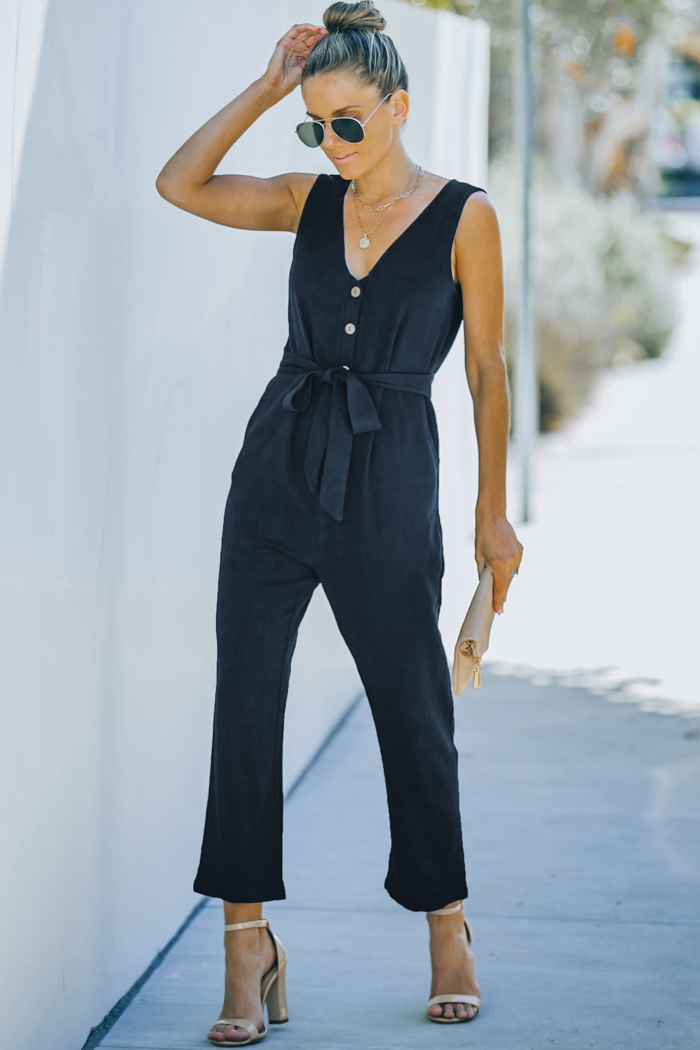 V Neck Button Belted Jumpsuit With Pockets