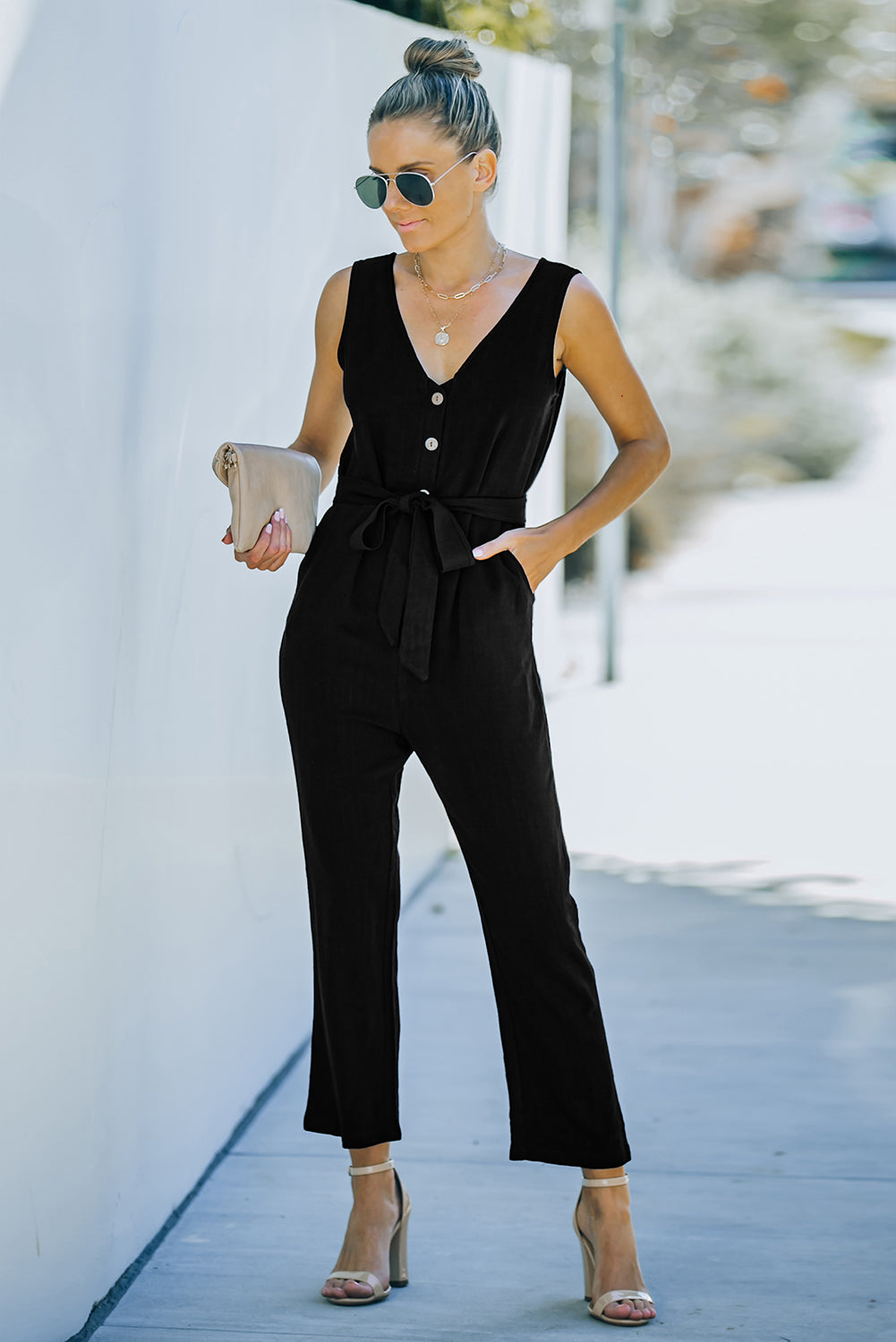 V Neck Button Belted Jumpsuit With Pockets