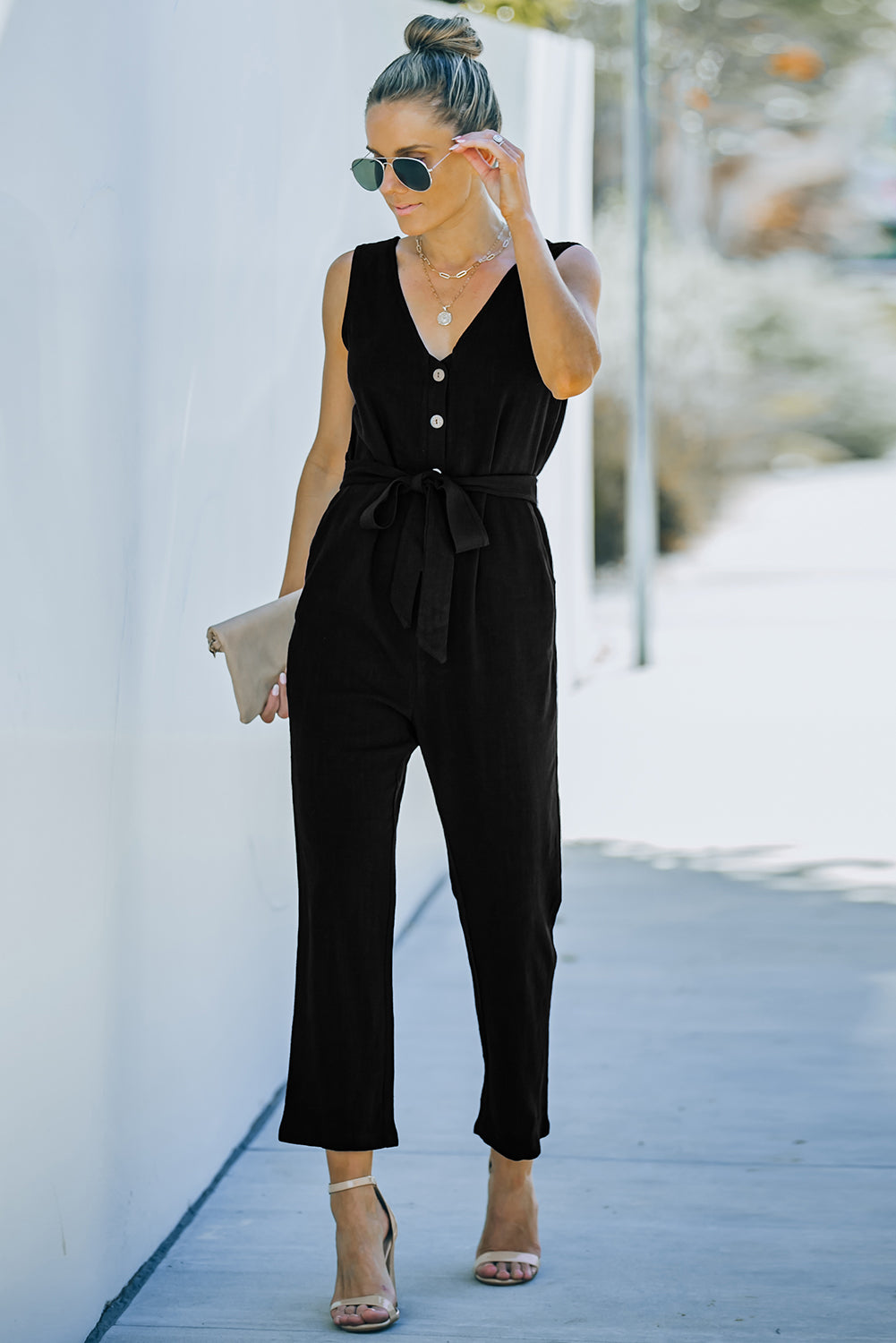 V Neck Button Belted Jumpsuit With Pockets