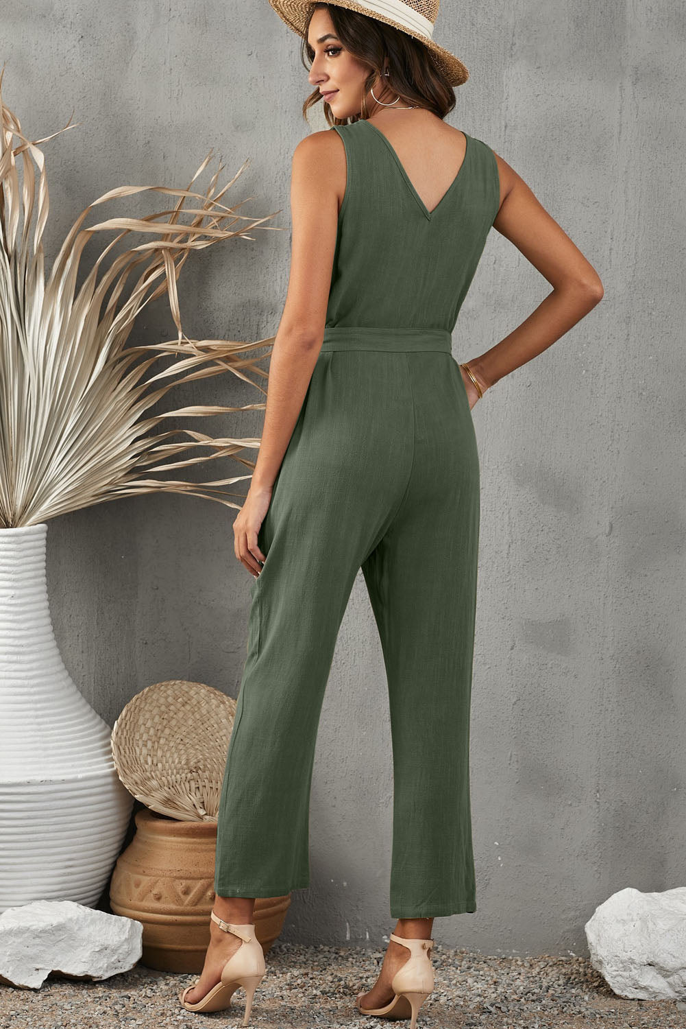 V Neck Button Belted Jumpsuit With Pockets