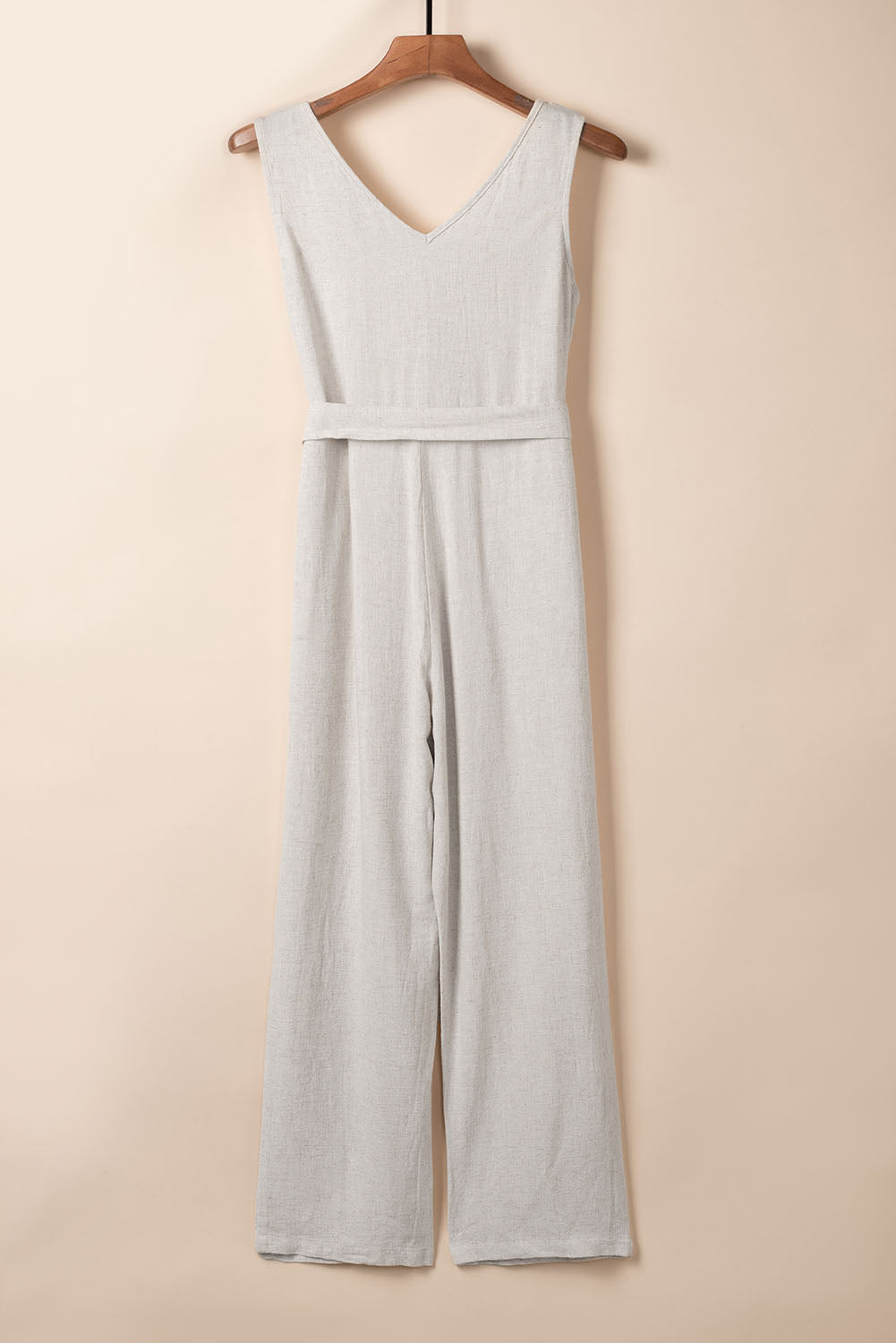 V Neck Button Belted Jumpsuit With Pockets