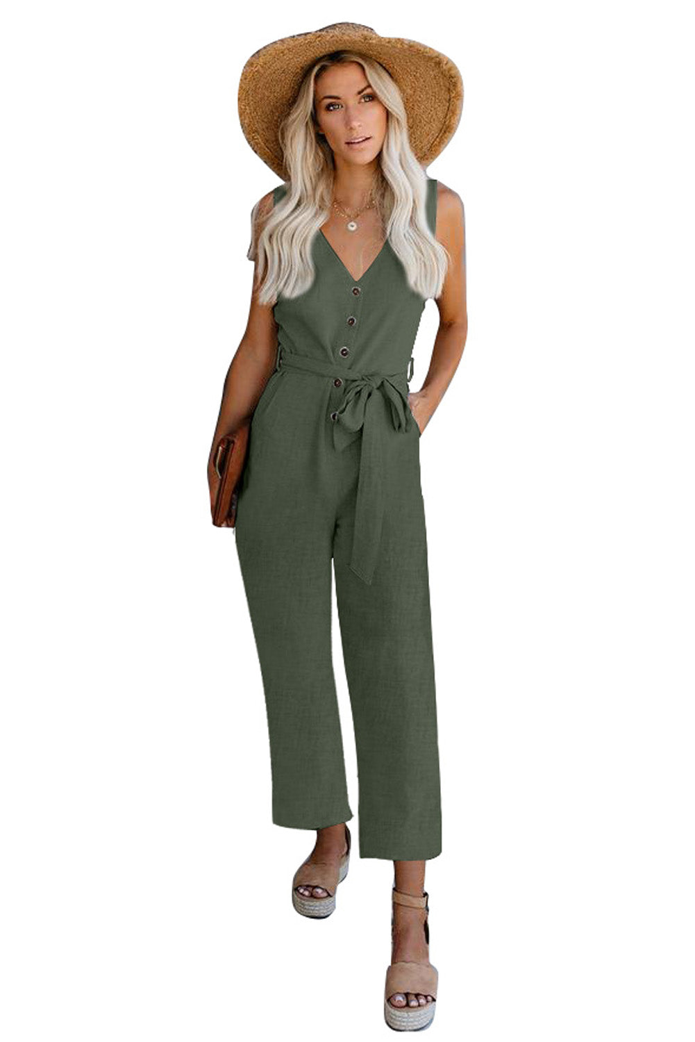 V Neck Button Belted Jumpsuit With Pockets