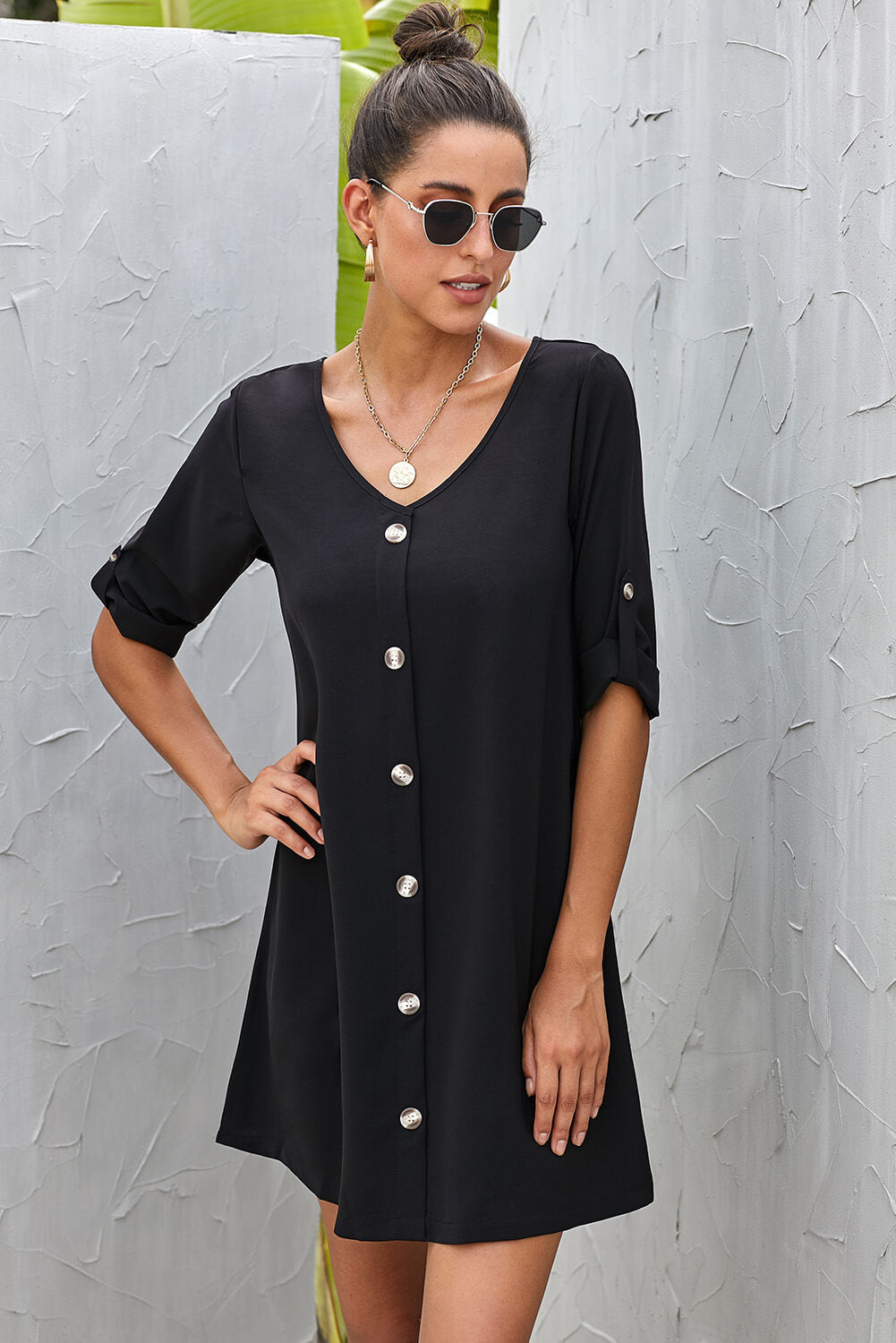 V Neck Button Front Roll Up Tab Sleeve Dress