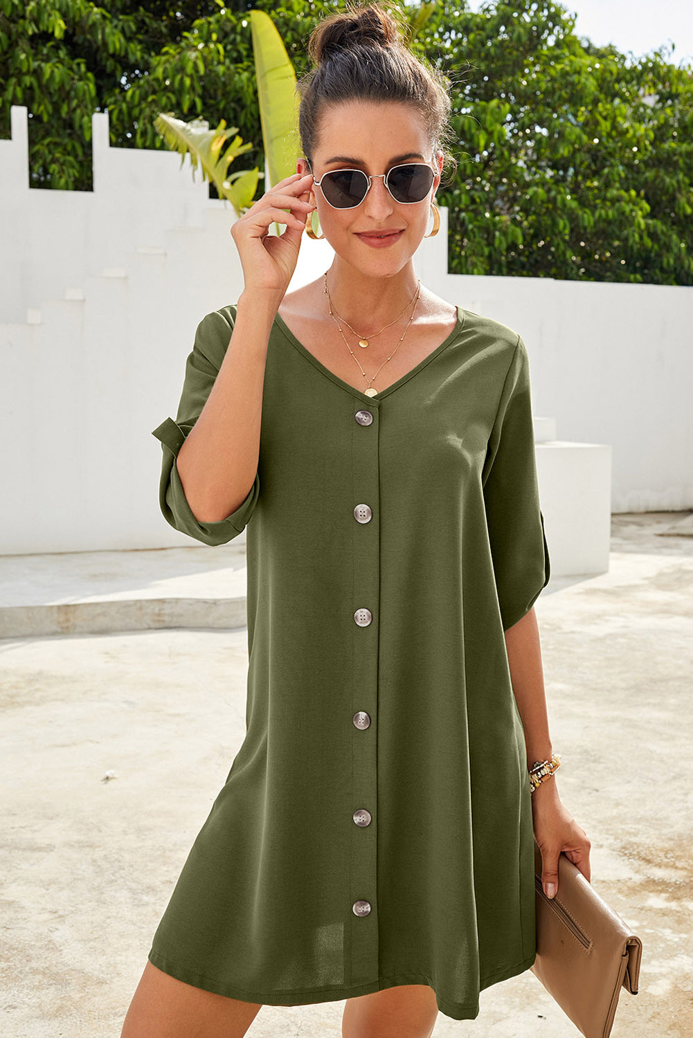 V Neck Button Front Roll Up Tab Sleeve Dress