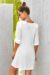 V Neck Button Front Roll Up Tab Sleeve Dress