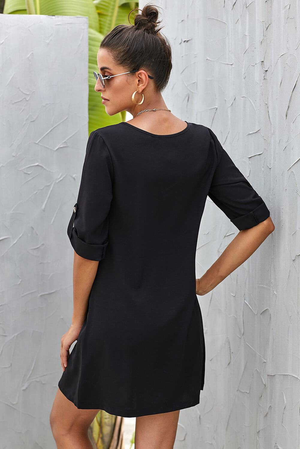 V Neck Button Front Roll Up Tab Sleeve Dress