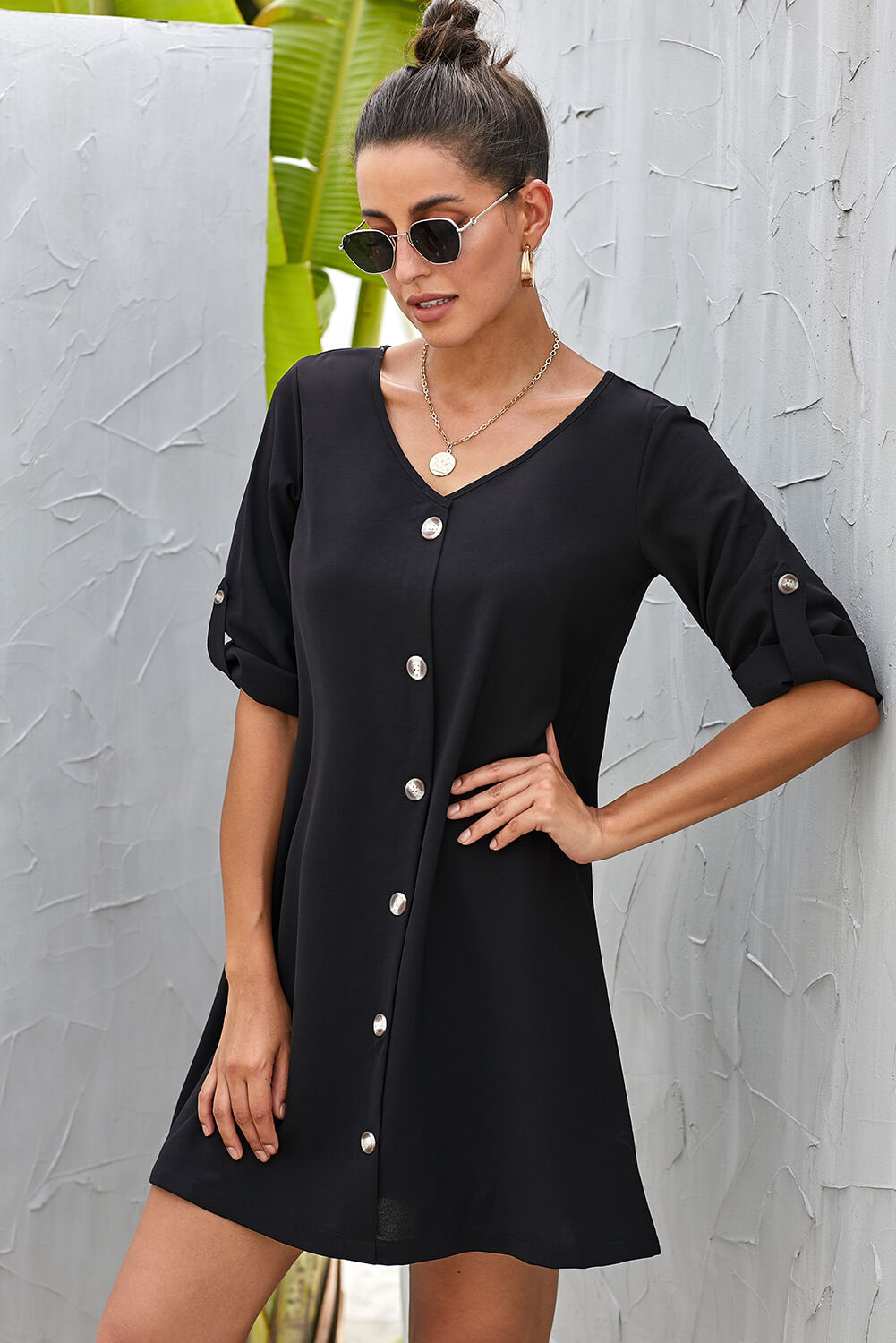 V Neck Button Front Roll Up Tab Sleeve Dress